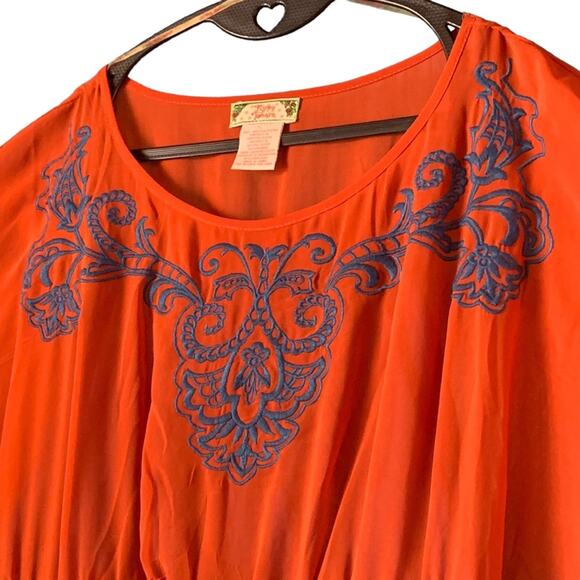 Sheer Chiffon Velvet Waist  Large Kimono Dress  Royal Blue Burnt Orange - Picture 5 of 12